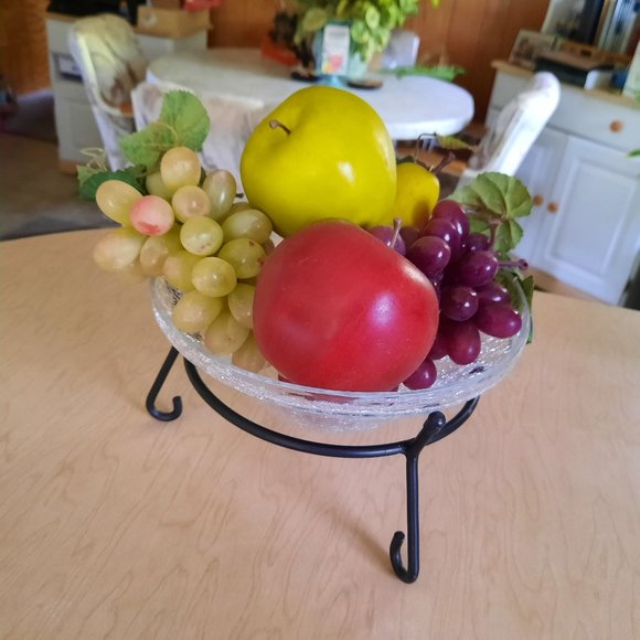 Vintage Crackle Glass (Fruit) Display Bowl on Wrought Iron Stand - Picture 1 of 16